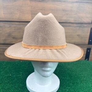 Vintage Frye Western Crown Fedora Leather‎ Band Stetson Hat OSFM Beige Wide Brim